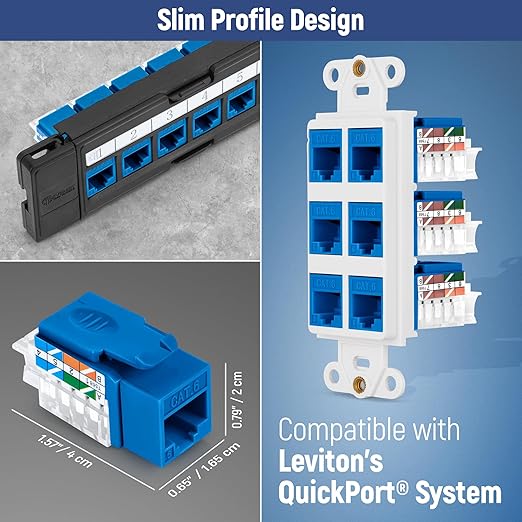 Everest 45° Angled RJ45 Cat6 Keystone Jacks 20-Pack in Blue - Slim Profile Female RJ45 Connectors - Cat 6 Keystone Jack - Compatible with 45° Angled Speed Termination Tool - 45Term (B0BL3GS7ZY)