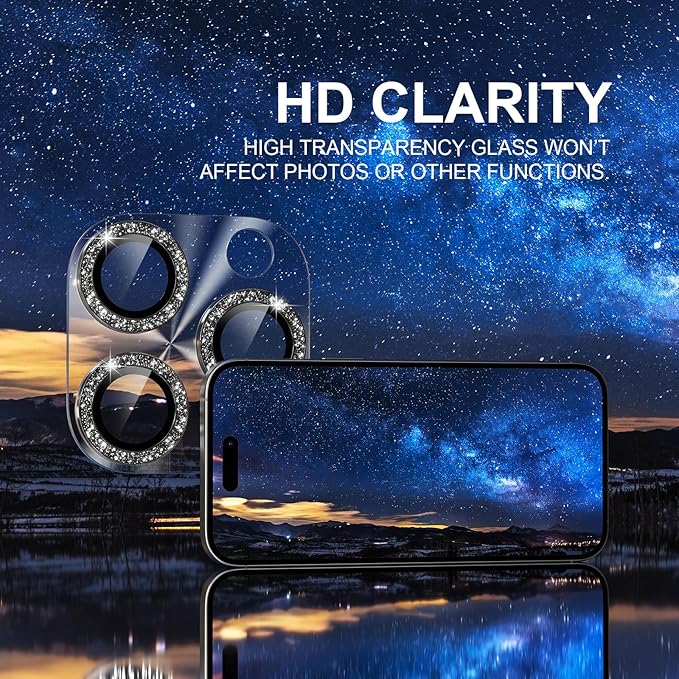 Choiche Compatible for iPhone 16 Pro/iPhone 16 Pro Max Camera Lens Protector, Bling Camera Cover with 9H Tempered Glass Lens Screen Protector Metal Ring Decoration Accessories(Clear-Black)