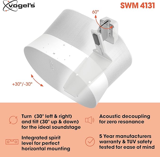 Vogel's SWM 4131 Speaker Wall Bracket for Sonos ERA 300, Max. 11 lbs (5 kg), Tiltable -30º/+30º, Swivels up to 60º (Left/Right), White, 1 Bracket