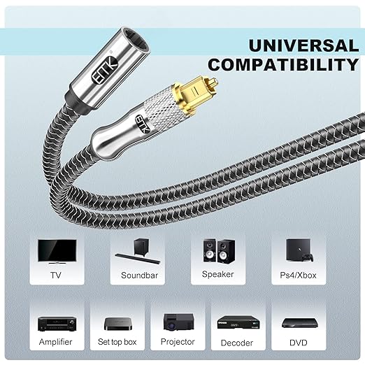 EMK Optical Cable Extension, 24K Gold-Plated Optical Audio Cable Toslink Female to Male Audio Extended Cable Compatible for Sound Bar (1.5 Feet/0.5M, Optic Extension, Silver2)