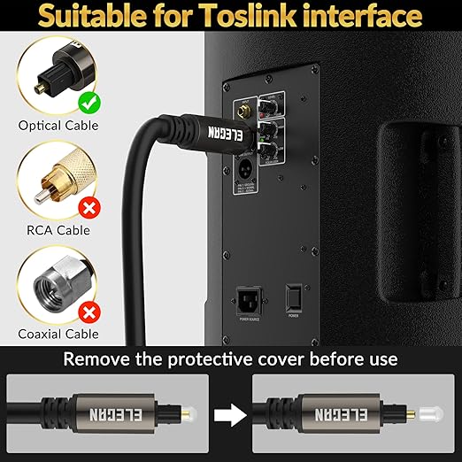 Elecan Optical Audio Cable 200 Ft Digital Audio Toslink Cable Cord-Fiber Optic-Gold Plated-Flexiable&Durable-for Home Theater,Sound Bar,PS4&Xbox-with 4 Right Angled and Mini Toslink Adapters+Ties