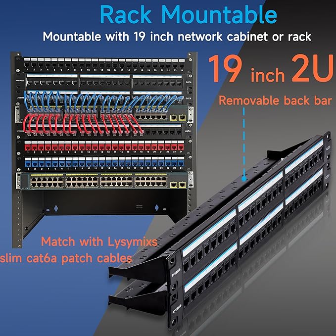 48 Port RJ45 Cat6 Patch Panel, 19 Inch, Black, Easy Install & Repair, Gold Plated Keystone, Rack Mountable