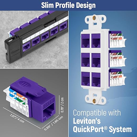 Everest 45° Angled RJ45 Cat6 Keystone Jacks 10-Pack in Purple - Slim Profile Female RJ45 Connectors - Cat 6 Keystone Jack - Compatible with 45° Angled Speed Termination Tool - 45Term (B0BL3GS7ZY)