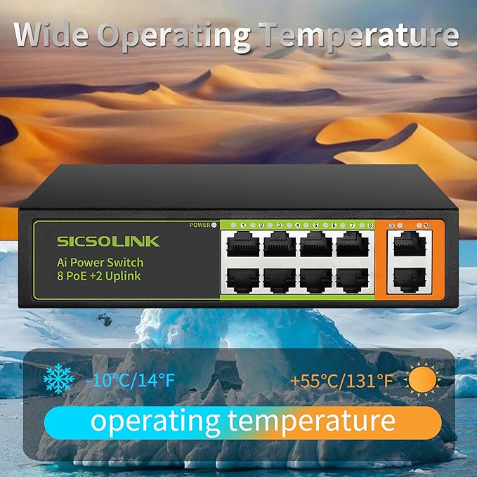 8 Ports PoE+ Ethernet Switch 2 Uplink 802.3af/at 120W Total Power 100Mbps Network Hub 20 Gbps Switch Capacity Unmanaged PoE Switch Suitable for IP Cameras Home & Office.
