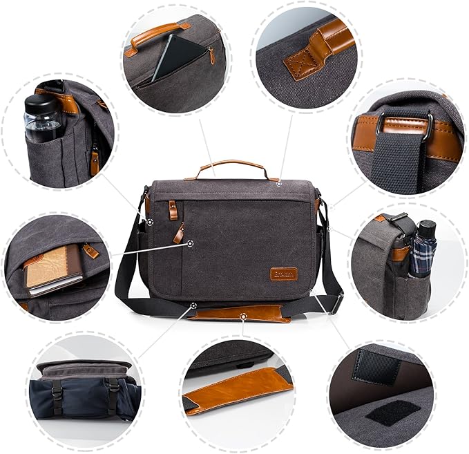 ESTARER 13-14 Inch Laptop Messenger Bag Water-Resistant Canvas Shoulder Bag for Business College, Grey