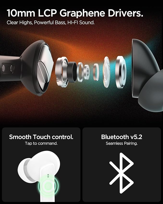 Spigen True Wireless Earbuds, Active Noise Cancellation Bluetooth Headphones with 30H Playtime, EQ Customizing App, 6 Mics, Gaming Mode, LCP Graphene Driver - White