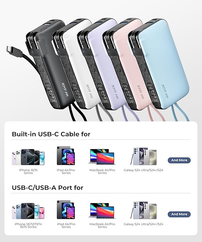 1 Pack Portable Charger with Built-in USB-C Cable & Plug, 10,000mAh 5V/4.5A Power Bank Fast Charging 22.5W, Travel Essential Battery Pack 3 Output for iPhone 16/15 Series, Samsung Galaxy, iPad