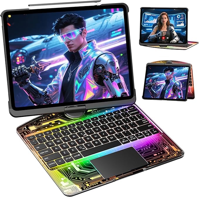 KITONE Transparent Case with Wireless Keyboard for iPad 10.2-in (7th, 8th, and 9th Gen), 7 Colors Backlight, Trackpad, 360°Rotating Stand, Tech Style
