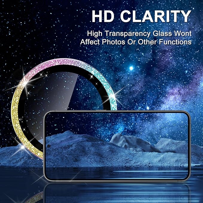 for Samsung Galaxy S25 Camera Lens Protector, Individual Metal Ring Tempered Glass Lens Cover, [Strong Adsorption] Scratch Resistant Ultra-Thin HD Clear Lens Cover, 1 Set-Colorful Sparkly