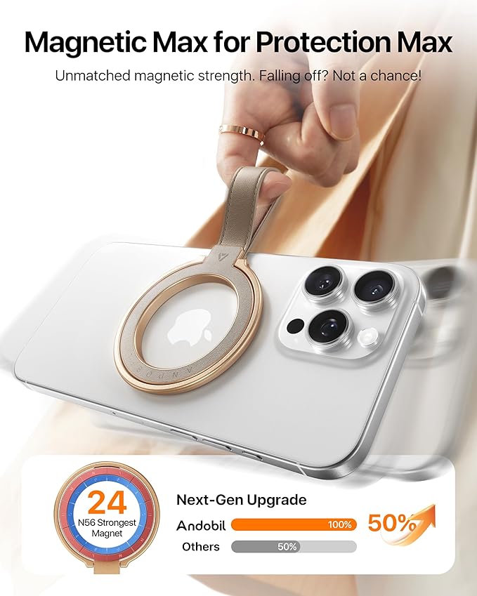 andobil[2025 Premium Leather]Magnetic Phone Grip for MagSafe[Unrivaled Stability]Adjustable Phone Ring Kickstand with Leather Loop Compatible with MagSafe Accessories&iPhone 16 Pro Max/15/14/13,Greige