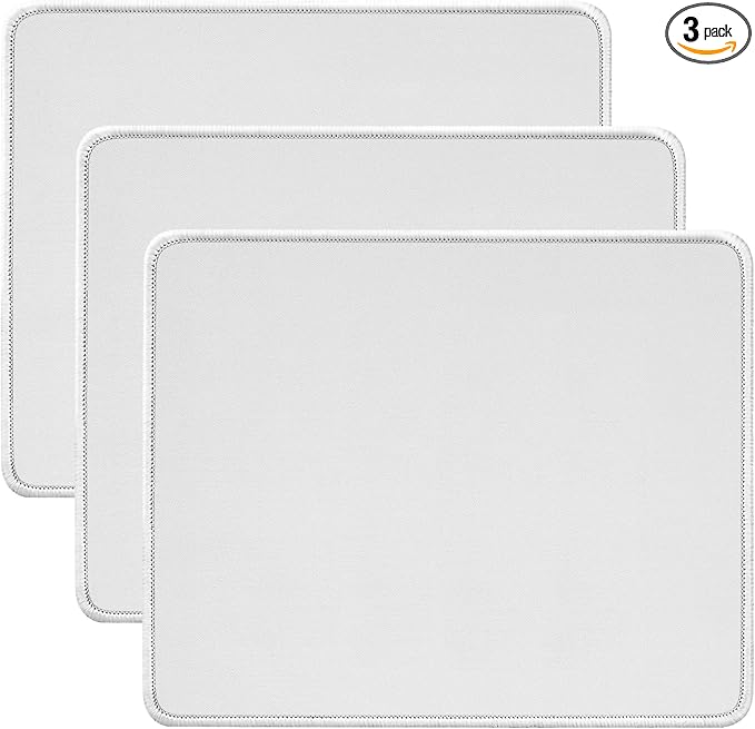 JIKIOU 3 Pack Mouse Pad with Stitched Edge, Comfortable Mouse Pads with Non-Slip Rubber Base, Washable Mousepads Bulk with Lycra Cloth, Mouse Pads for Computers Laptop Mouse 10.2x8.3in Blank White