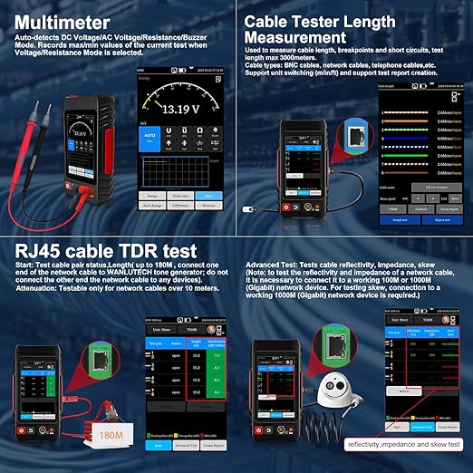 Rechargeable Network Cable Tester, WANLUTECH Tone Generator with Probe Support Digital Multimeter Optical Power Meter Visual Fault Locator Network Test PoE Test Cable Continuity Testing (LT-600M)