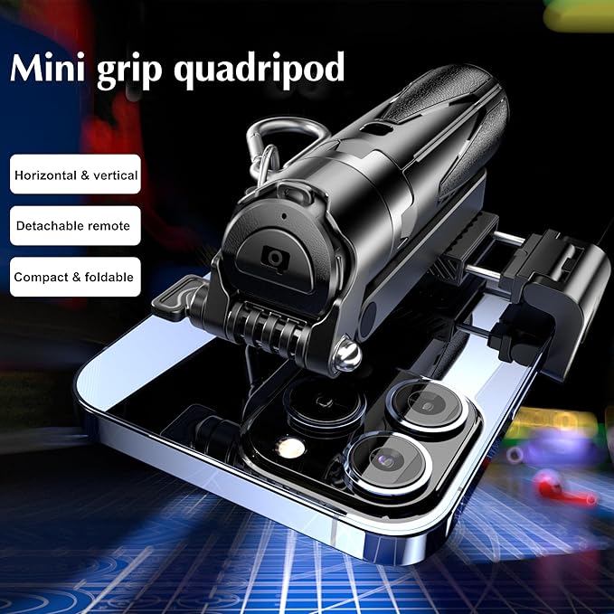 Mini Selfie Stick Tripod, Extendable Grip Phone Tripod with Detachable Remote Pocket Size, 4-in-1 Mini Phone Grip, 10m Wireless Shutter, Vlog Livestreaming Photography （Black）