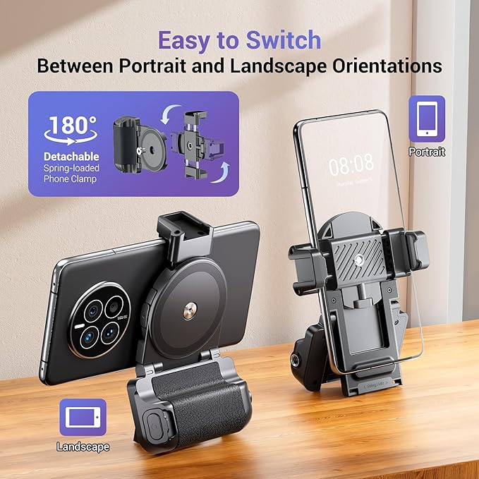 KIWIFOTOS Phone Camera Grip Smartphone Tripod Mount Handle Holder with Wireless Remote & 1/4"-20 Tripod Adapter for iPhone 16 15 14 Pro Max S23 S22 Selfie Vlog Video Shooting