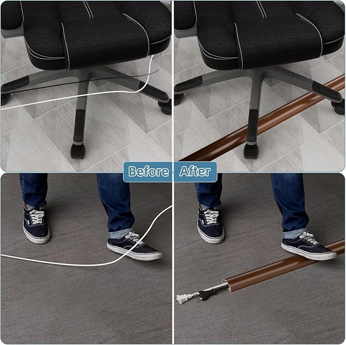 4ft Side Buckle Floor Cord Cover for Wires, Selfadhesive Extension Cord Hider Easy Floor Cable Management Prevent Cable Trips,Silicone Floor Wire Covers for Cords, Cable Protector Cord Cavity（Brown）