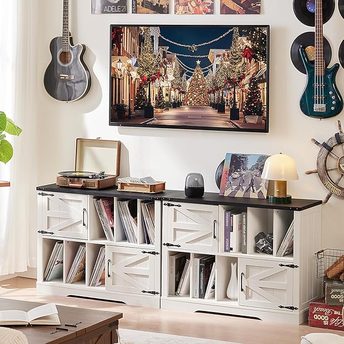 Large Record Player Stand with Vinyl Storage Up to 450 Albums, 39 Inch Farmhouse Rustic Wood White Storage Cabinet with Barn Doors, Vintage Mid-Century Turntable Stand for Bedroom, Living Room