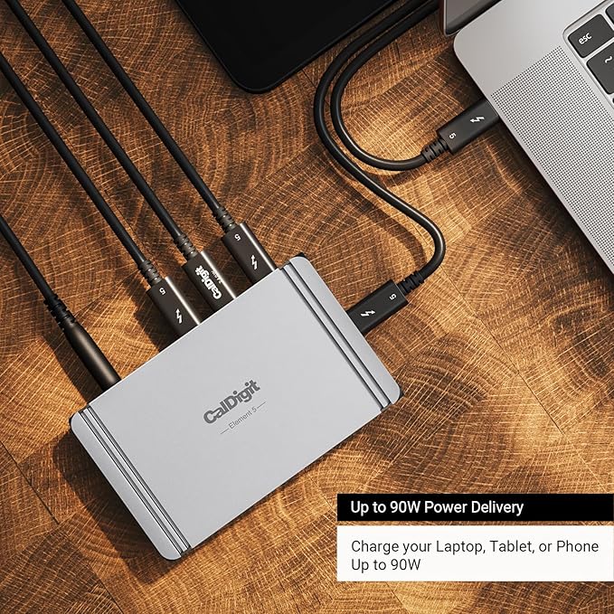 CalDigit E5 - Thunderbolt 5 Element 5 Hub - 9-Port, 4xThunderbolt 5/USB4 v2 Ports, 3xUSB-A & 2xUSB-C 10Gb/s Ports, Single 8K, Dual 6K/8K, or Dual 4K@240Hz Displays, 90W Charging, 0.8m Cable 180W PSU