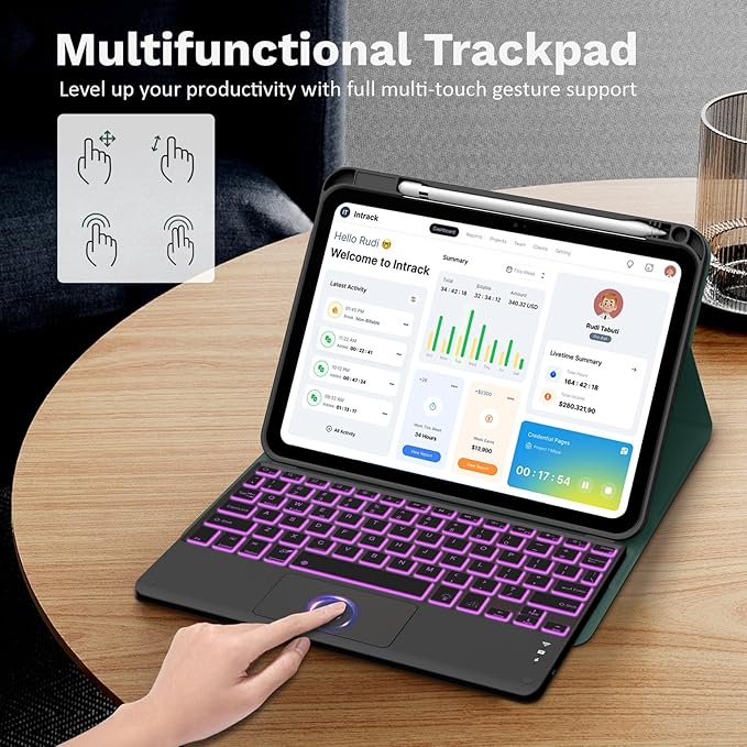 MoKo Touch Keyboard Case for iPad (A16) 11th Generation 11 inch 2025,iPad 10th Generation 10.9 inch Case with Pencil Holder,7 Colors Backlit Multi-TrackPad Detachable Bluetooth Keyboard,Midnight Green