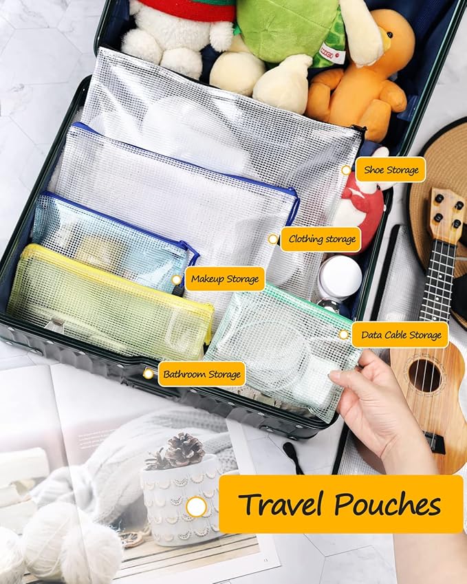SUNEE Mesh Zipper Pouch 7x11 in (10 Colors, 30 Packs), Mesh Bags with Zipper for School Office Supplies, Puzzles & Games, Travel Accessories, Waterproof Zipper Pouches for Organizing
