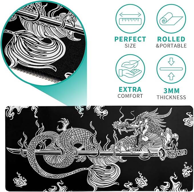 Dragon Gaming Mouse Pad - Black, Large (31.5x11.8 Inch), Non-Slip Base, Stitched Edge for Gaming & Office