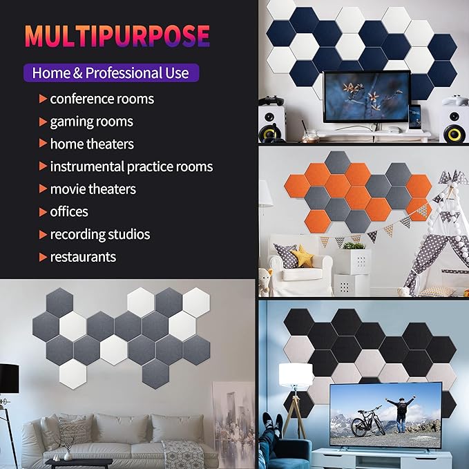 Mollywell Hexagon Acoustic Panels, High Density, Soundproofing, Decorative Noise Reduction Felt Wall Tiles for Ceilings, Home Office & Gaming Room (Orange), 14x12x0.4 Inch