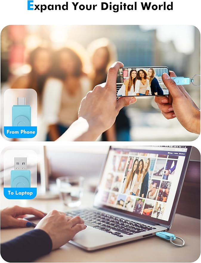 MOSDART 256GB USB3.1 Fast Speed C and A Dual Flash Drive, exFAT Memory Stick with Keychain and LED Indicator, for iPhone 15 and 16, Android Phone, iPad, MacBook, and Other Laptops, Sky Blue