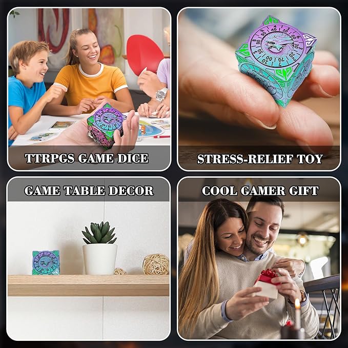 Spinner Dice 7-in-1 Metal DND Set – Premium Copper RPG Dice with 3D Monster Reliefs, Gyro Spinner & Collector’s Box for D&D,Chameleon Purple