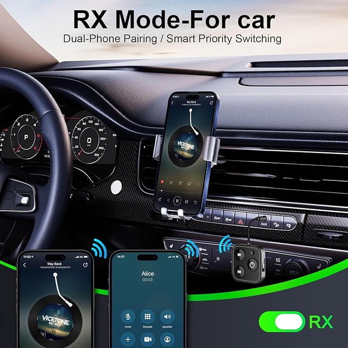 2025 Pro Bluetooth 5.4 Transmitter Receiver, 2-in-1 Wireless Audio Adapter for Airplane/TV/PC/Gym - Dual Link Headphone, Low Latency, Battery Display, Built-in Mic, 30H Playtime, Aviation Metal Frame