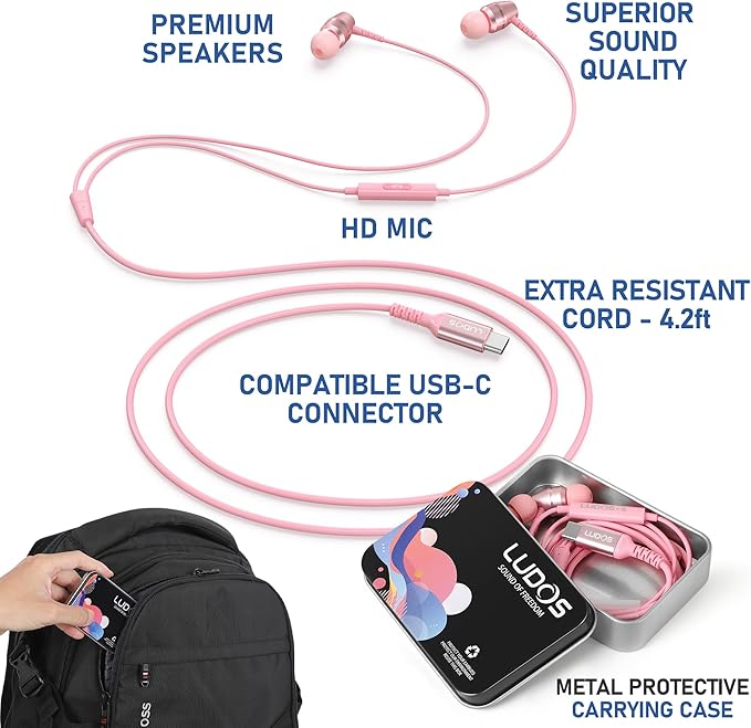 LUDOS OMNITONE USB C Headphones for iPhone 16 15 Pro Max Plus iPad Pro, 5 Years Warranty, USB-C Earbuds for Samsung Galaxy S24 S23 Ultra S22 S21 FE S20 A55 A54 A53, USB Type C Earphones - Pink