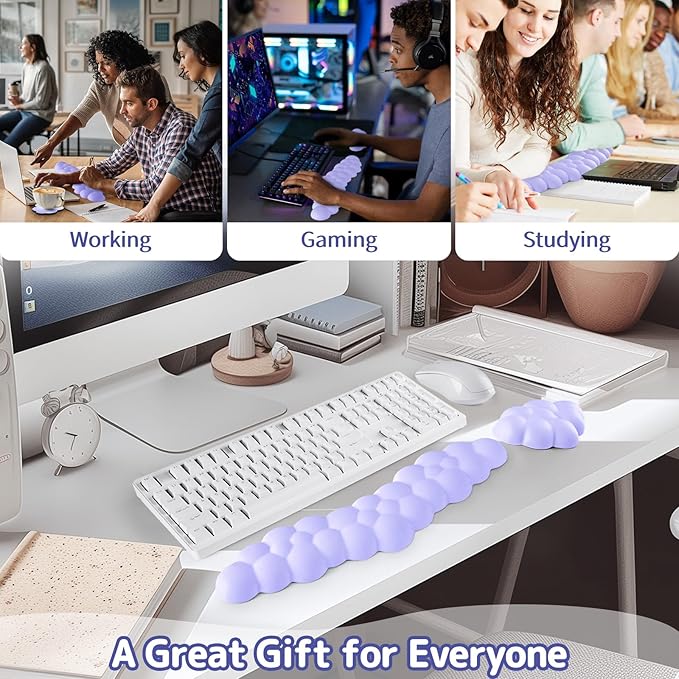 Cloud Wrist Rest for Keyboard and Mouse, Memory Foam PU Leather Keyboard Wrist Rest with Ergonomic Support, Non-Slip Base, Cute Arm Rest Pad & Palm Cushion, Office Desk Accessory, Purple
