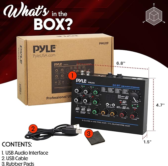 Pyle USB Audio Interface - MIC/LINE - Guitar - AUX Stereo & RCA Inputs - Preset 24 Digital Effects - Phantom Power - Phone/Stereo/Monitor/Headphone Outputs - For Computer Playing & Recording - PMUX9