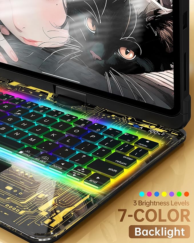 Intermerge iPad A16 11th (2025) & 10th Generation 10.9" Case with Keyboard, 360 Deg Transparent Multi-Touch Trackpad, 7-Color RGB Keyboard, Pencil Holder, Type-C, Shadow Pulse