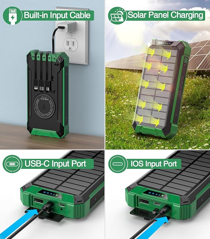 GOODaaa Power Bank Wireless Charger 36000mAh Built in 4 Cables Six Outputs 15W Fast Charging Power Bank for All Mobile Devices Three Inputs Solar Portable Charger with Dual Flashlights, Carabiner