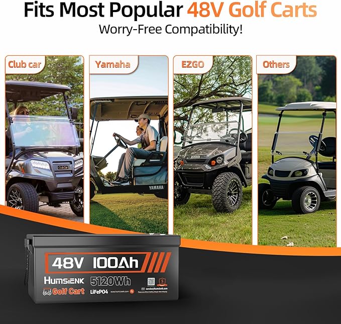 48V 100Ah Golf Cart LiFePO4 Lithium Battery with Bluetooth Group 8D, 15000+ Deep Cycle Battery, Built-in 200A BMS with Low-Temp Protection Golf Cart Accessories