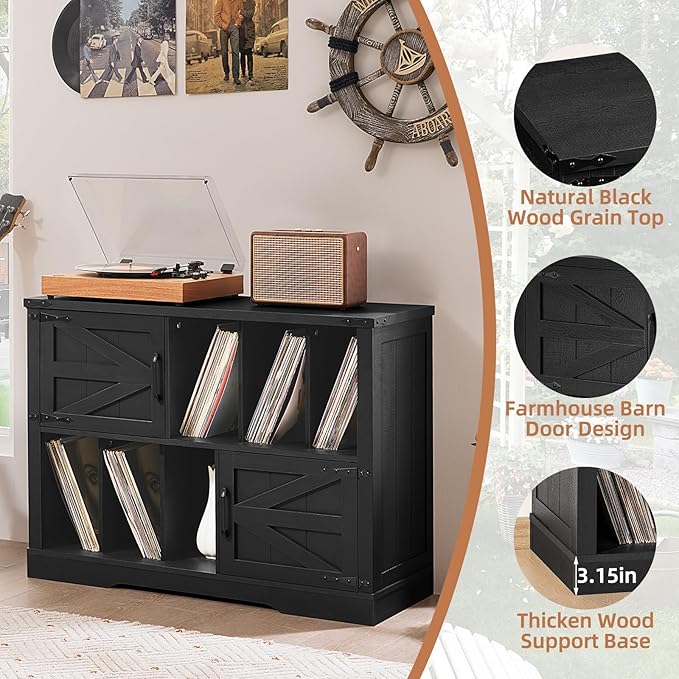 Large Record Player Stand with Vinyl Storage Up to 450 Albums, 39 Inch Farmhouse Wood Black Vinyl Records Storage Cabinet with Barn Doors, Mid-Century Modern Turntable Stand for Living Room