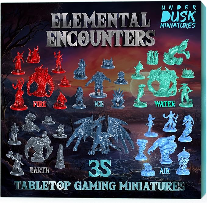 Underdusk: Elemental Encounters - 35 Unpainted Tabletop Miniatures for D&D, Pathfinder & RPGs | Includes Fire, Ice, Water, Air, and Earth Elements with Stat Blocks