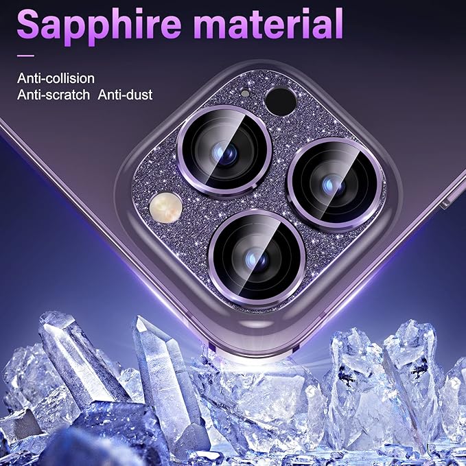 Uyiton for iPhone 14 Pro/iPhone 14 Pro Max Camera Lens Protector, [Drop Protection] 9H Tempered Glass Camera Cover screen Metal Ring Case Friendly Scratch Resistant Easy to Install - Glitter Purple