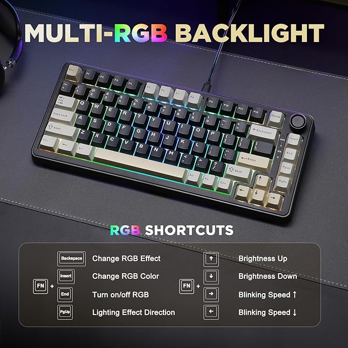 YUNZII B75 Mechanical Keyboard,75% Layout with Knob,Hot Swappable RGB Backlit Gasket Mounted, Creamy Typing, Double-Shot PBT Keycaps,Cherry Profile,for Win/Mac (Black, Milk V2 Linear Switch)