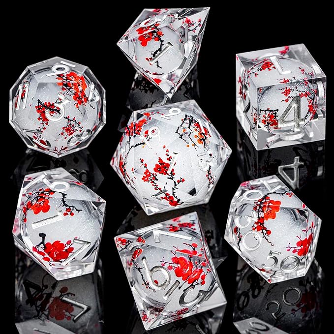 ARUOHHA DND Resin Dice Plum Blossom Liquid Core White Sharp Edge Dragons Polyhedral Dice Set with Gift Box, Compatible with D&D Role Playing Game Dungeons D and D Dice Set D20 D12 D10 D6