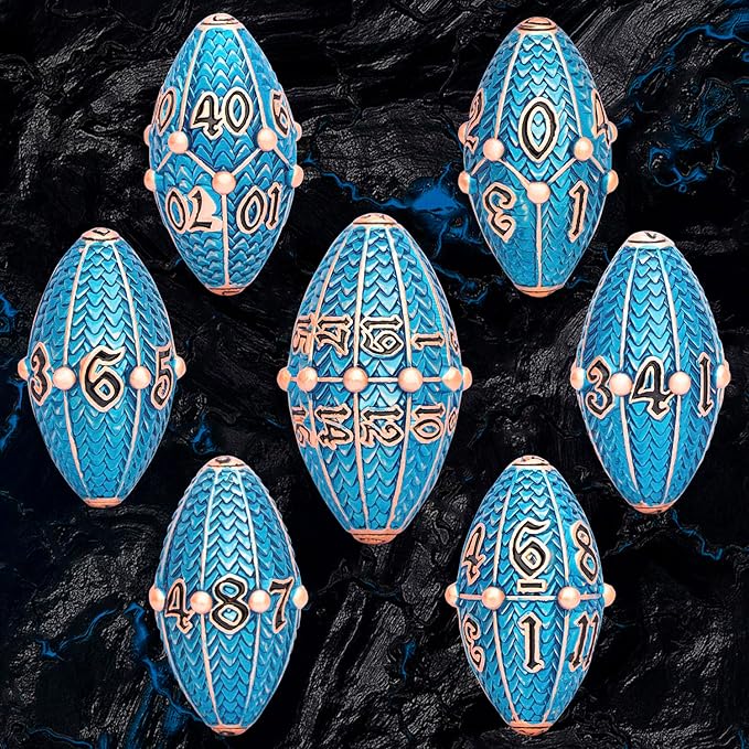 ARUOHHA DND Metal Dice Copper Blue Dragon Egg Dice with Rotating Dragon Egg Shell, Role Playing Game RPG Polyhedral D and D Dice Set D20 D12 D10 D8 D6 D4