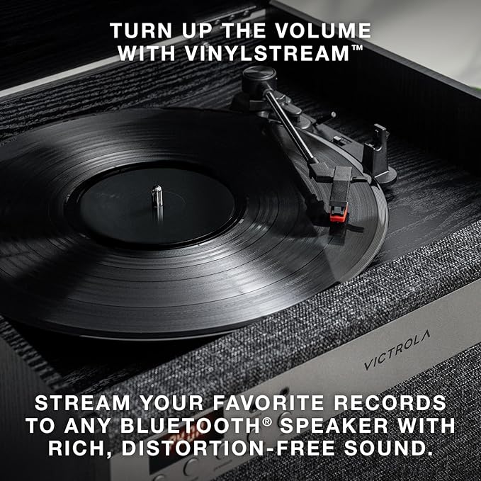 Victrola Century 6-in-1 Vinyl Record Player & Music Center – 3-Speed Turntable, CD & Cassette Player, VINYLSTREAM, Bluetooth & 3.5mm Aux, Record Player with Speakers, Mid Century Design (Natural)