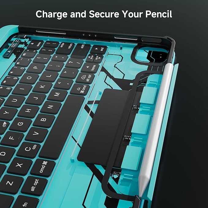 Keyboard Case for 12.9 inch iPad Pro 6/5/4/3rd Gen & 13 inch iPad Air (2025 M3, 2024 M2) Wireless Keyboard with Trackpad 7 Color Backlit, Transparent Protective Cover with Pencil Holder (Cyan)
