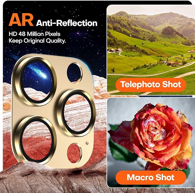 Camera Lens Protector for iPhone 16 Pro Max/16 Pro/15 Pro Max/15 Pro/14 Pro Max/14 Pro, Aluminum Alloy Sapphire Glass Camera Screen Cover, Case Friendly- Gold