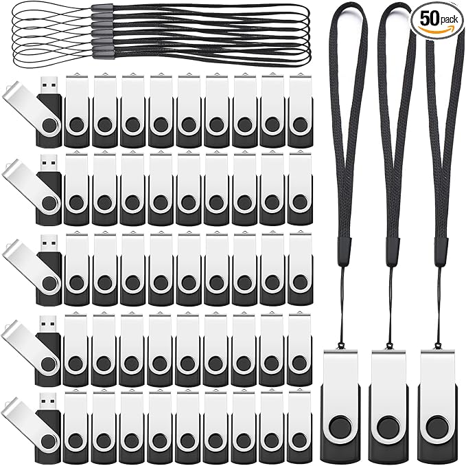 Aoriher 50 Pack USB 2.0 Flash Drives Bulk, Portable USB Thumb Drives with Lanyards, Swivel Flash Drives Thumb Drives for Office School Data Storage (2GB)