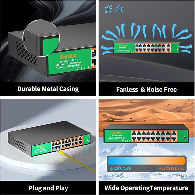 16 Port PoE Switch, 16 PoE+ 100Mbps Ports with 2 Gigabit Uplink, 300W Built-in Power, Support IEEE802.3af/at, Fanless, Rack Mount, Unmanaged Plug and Play Network Switch