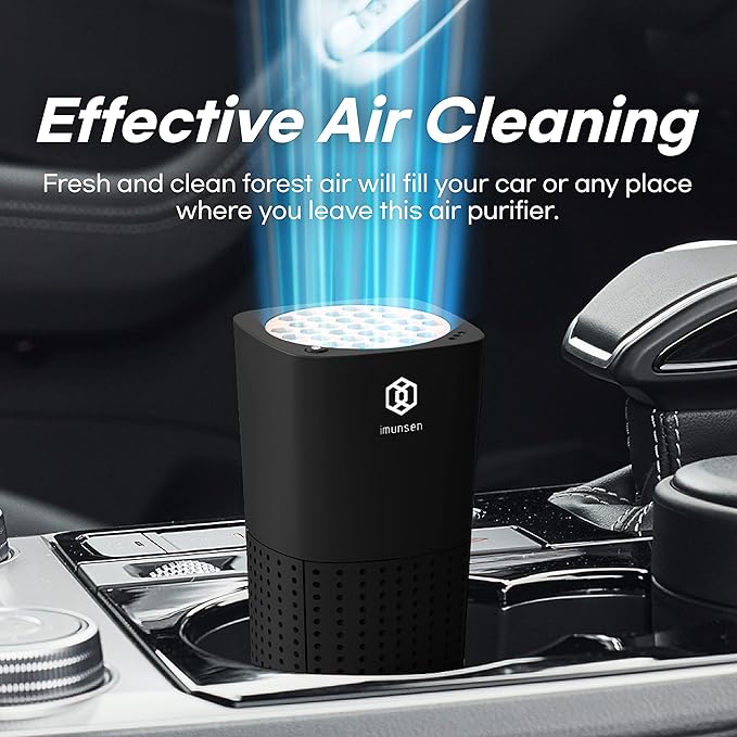 IMUNSEN M-003B True HEPA 13 Filter Air Purifier for Car, Desk, and Office with Carbon Deodorization Filter, 4-Stage Filtration, Smoke, Odors, Allergens, USB Port 5V, Made in Korea - Black