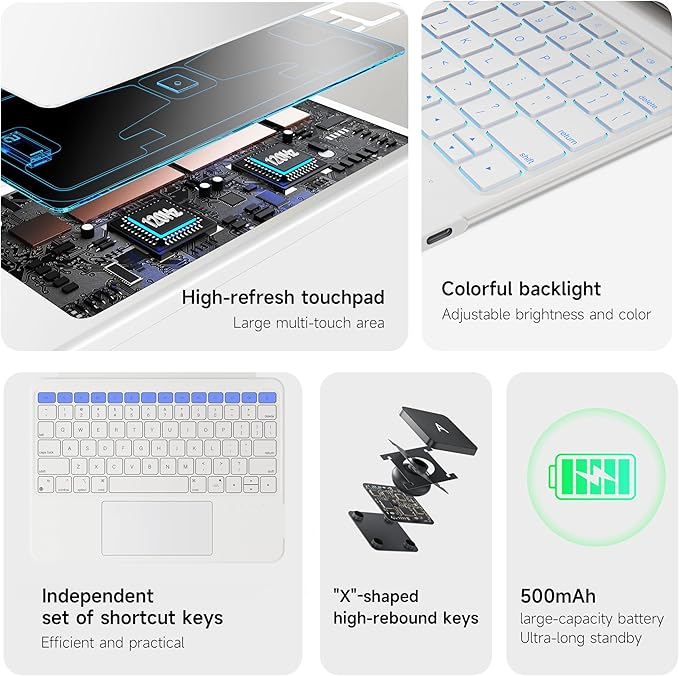 HOU Combo Keyboard Case for iPad 9th Generation (10.2", 2021)/8th Gen/7th Gen/iPad Air 3/Pro 10.5 2017 Multi-Touch Trackpad,7 Color Backlight,Rotatable & Detachable,Portrait/Landscape Modes,White
