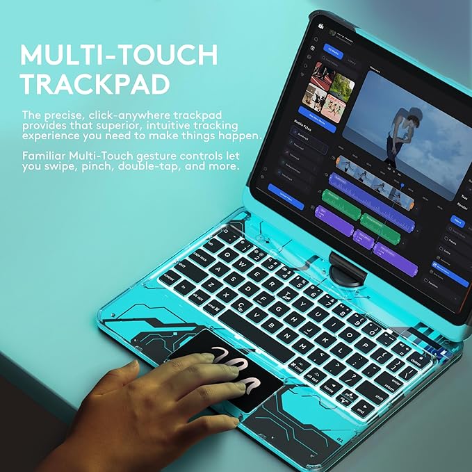 GUSGU Transparent Case with Wireless Keyboard for iPad Air 13-in.(M3/M2, 2025/2024), 7 Colors Backlight, Trackpad, 360°Rotating Stand for iPad Pro 12.9-in (6/5/4/3 Gen), Tech Style