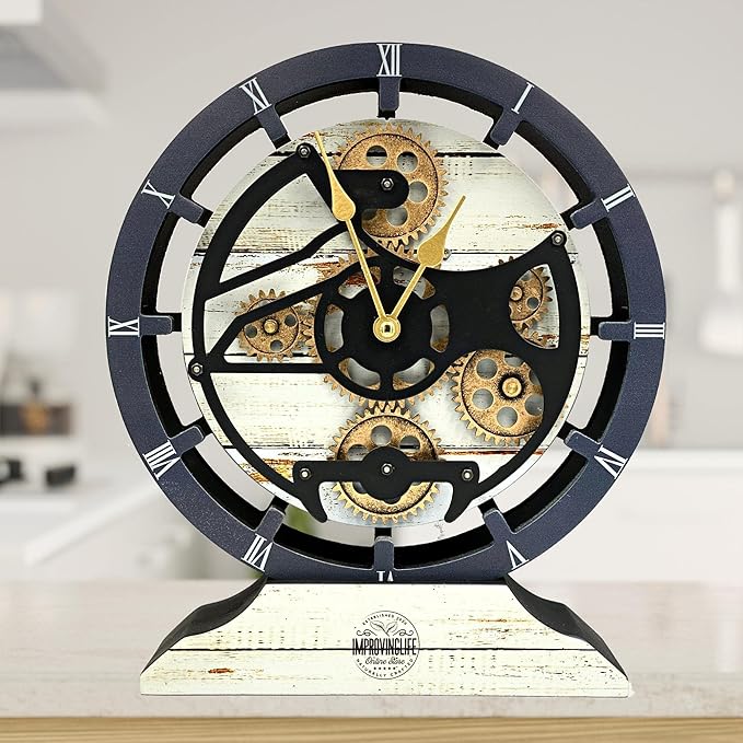 ImprovingLife The Gears Clock Desk Clock 10 inches with Real Moving Gears Convertible into Wall Clock (Desert Beige)