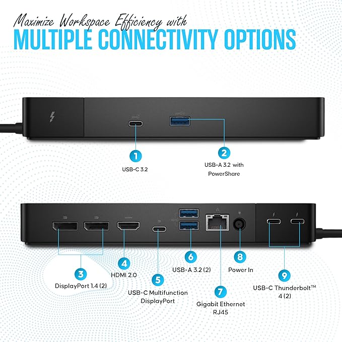 WD22TB4 Dell Thunderbolt 4 Dock 40Gbps USB-C/USB-A 1 Year Warranty - Docking Station with 180W, HDMI, DisplayPort Cables & Cleaning Cloth – Supports Dual/Triple Monitors & 4K Displays